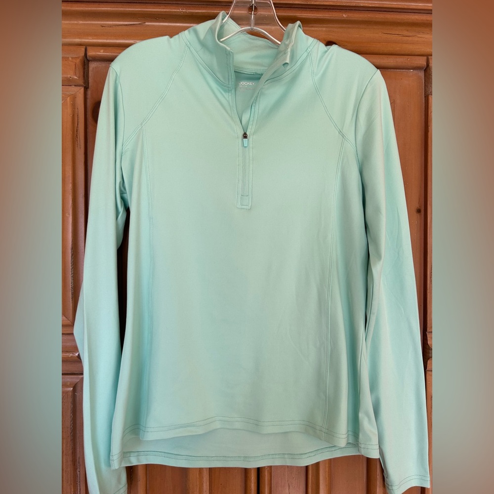 Jockey 3/4 zip long sleeve pullover top, sea foam, size M